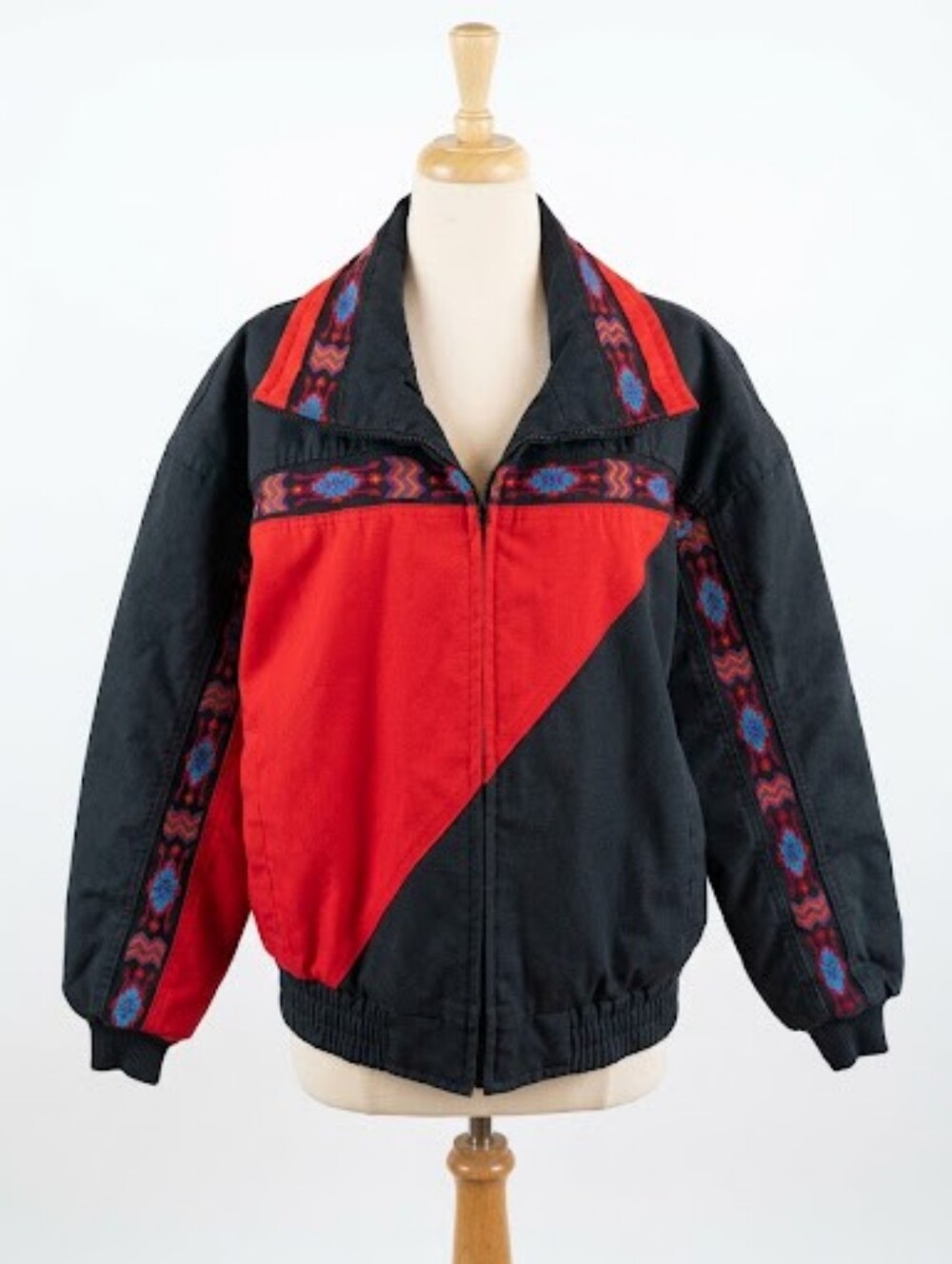Vintage David James Aztec Red & Black Bomber Jacket With Southwestern Trim Sz M